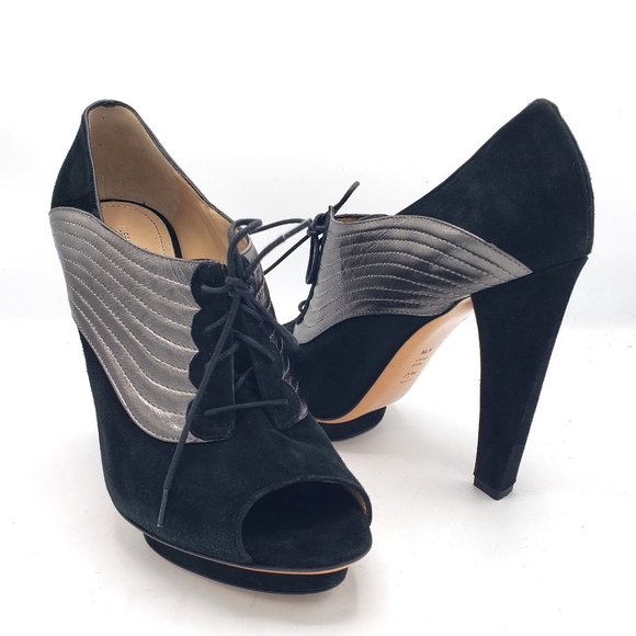 Alberta Ferretti Platform Heels Black Suede Silver Contrast Peep Toe 11.5 - Picture 1 of 10